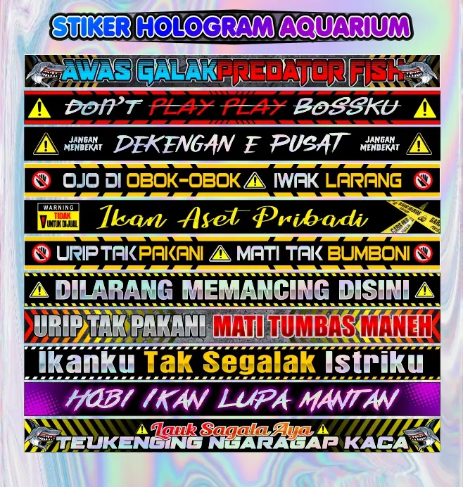 Stiker Aquarium Hologram Dekengan E Pusat Ikan Galak Predator 30x5cm-120x8,5cm Hiasan Cantik Anti-Mecletak