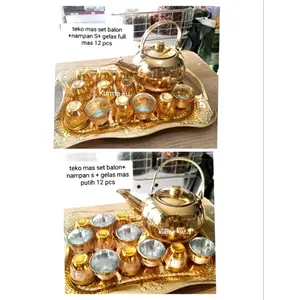 PAKET HEMAT 1 SET OLEH-OLEH HAJI UMRAH ampan Emas + Teko Stainless Steel Emas 1L + 1 Lusin Gelas Cucing?) Mas Putih Muslim Pria UMROH Wadah