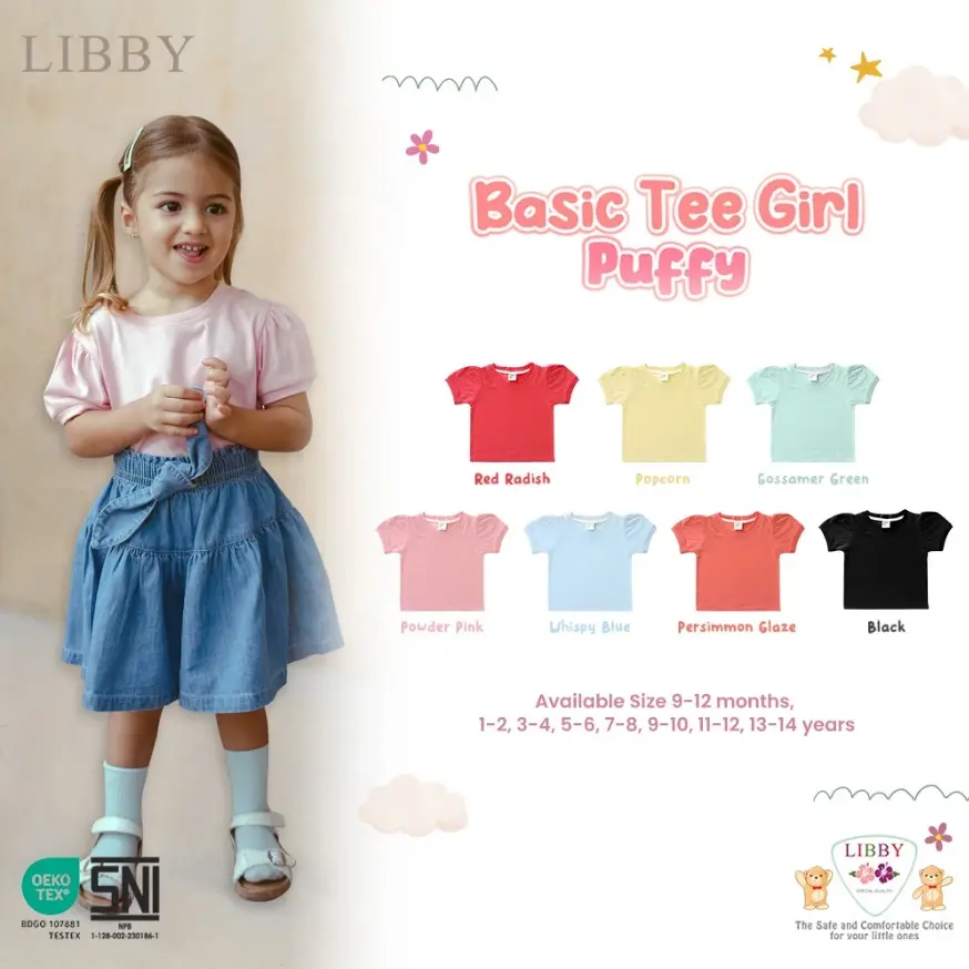 LIBBY Earth Kaos Atasan Polos Katun Lengan Pendek Puffy Anak Perempuan 9 Bulan - 6 Tahun Basic Tee Puffy (1PCS)