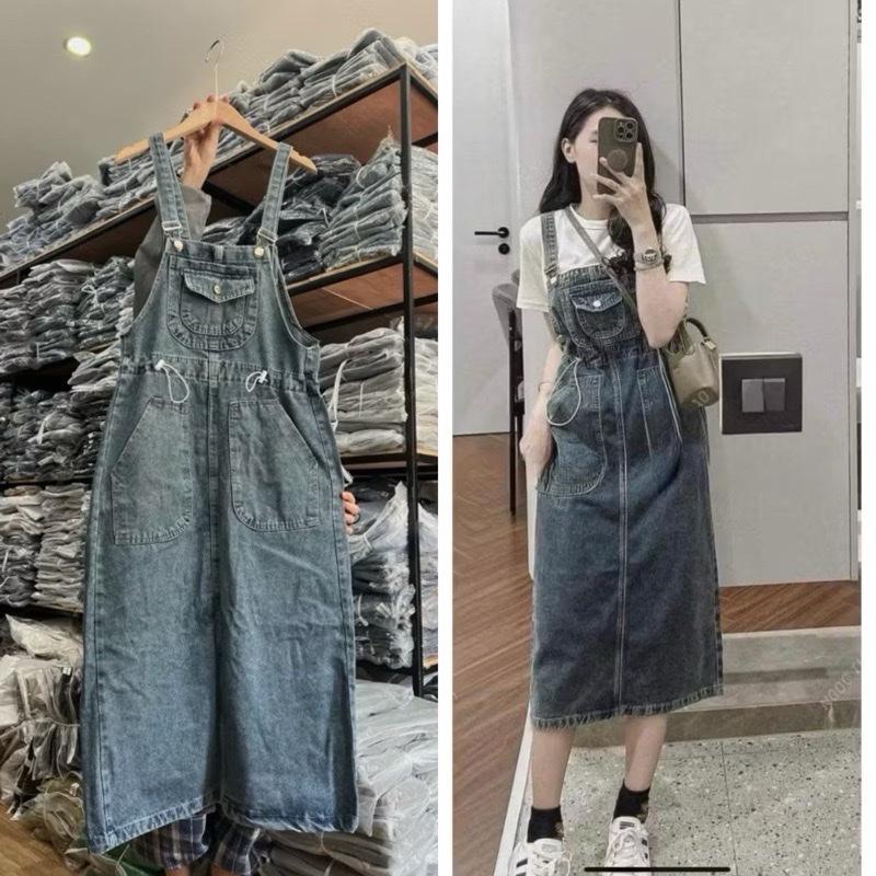  Váy yếm jeans dài nữ trơn và phối nâu   jean cotton không có giãn ạ  Women Dress vay sang vaytet 