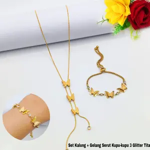 Set Gelang & Kalung Serut Kupu-Kupu Mata Titanium Anti Karat & Anti Luntur