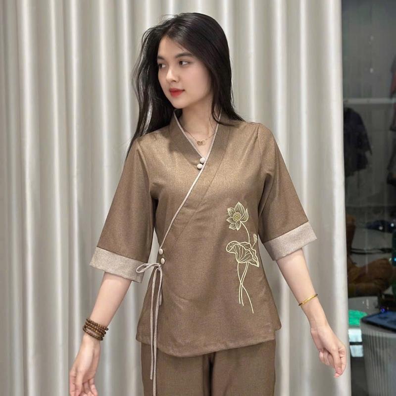   VẢI MÁT - CỔ CÚC  Set đồ lam đi chùa chất linen mã 4 cao cấp thêu hoa sen - đi chùa 