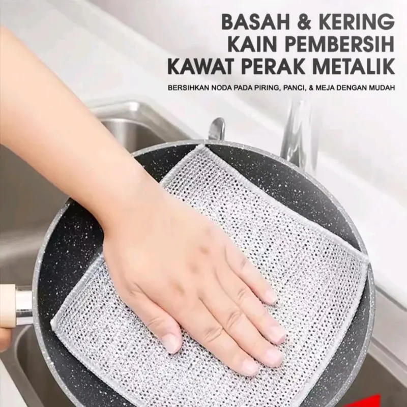 [ isi 5 pcs ] Kain lap dapur kawat perak bentuk petak halus untuk membersih panci dan piring kain cuci piring kawat 0
