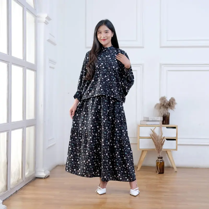 Setelan NAURA 0ne set baju dan rok Motif Kekinian Busui Friendly Wanita   Rayon Batwing Kancing Panjang Twill Lembut Viscose Atasan Nyaman Kerah Celana Bawahan 1