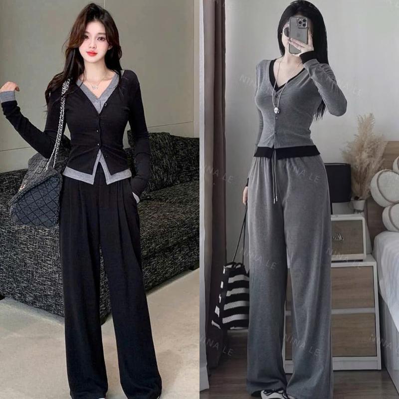 Sét Bộ Dài Tay Nữ Chất Thun Tăm Mềm Mại Co Giãn Size 40-62kg Quần Ống Xuông Cạp Chun Áo Hai Lớp Cúc Cài Women Ong Set Thường Top Màu Đen