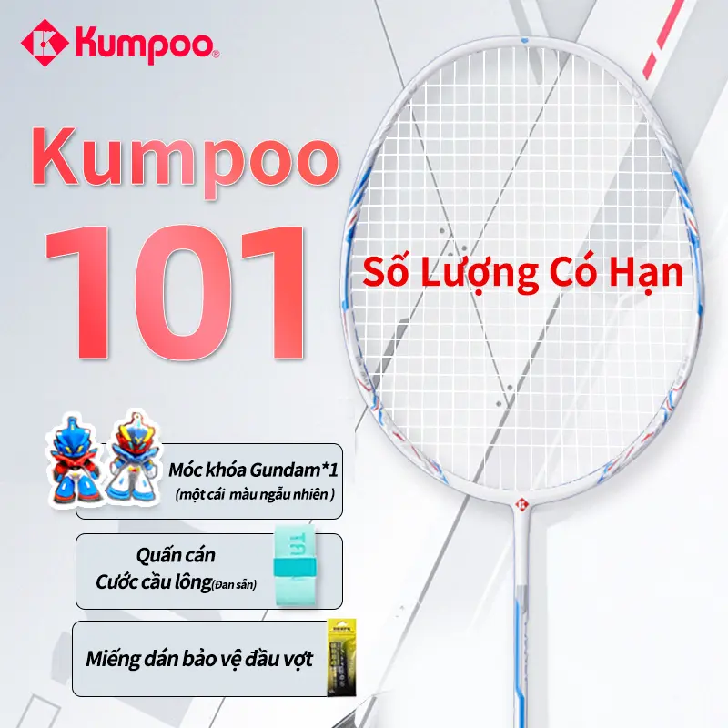 Vợt cầu lông, KUMPOO, 101, Đồng thương hiệu Mecha, Sợi carbon đầy đủ, 4U, Lực căng tối đa 12,5kg, Thích hợp để tập luyện và thi đấu, Bao gồm 1 vợt đã buộc sẵn, 3 bóng, 2 đồ trang trí mặt dây chuyền, 1 băng tay Grip, 1 nhãn dán đầu vợt