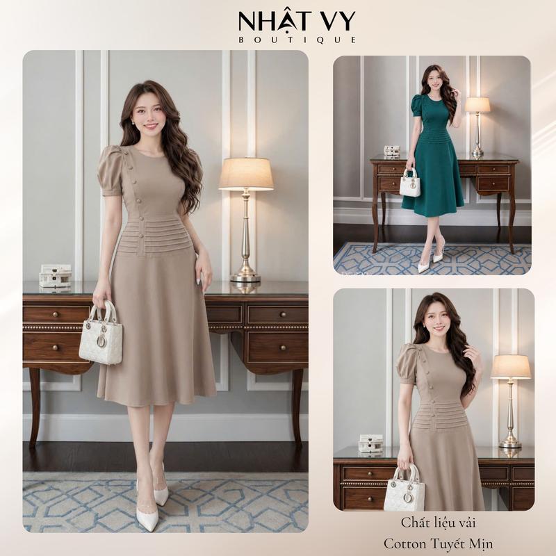 Đầm Nữ thiết kế Nhật Vy cổ tròn xếp ly eo đính nút bọc tay ngắn dáng xoè chất lụa phù hợp dự tiệc đi chơi màu đỏ nâu Xanh - D2820