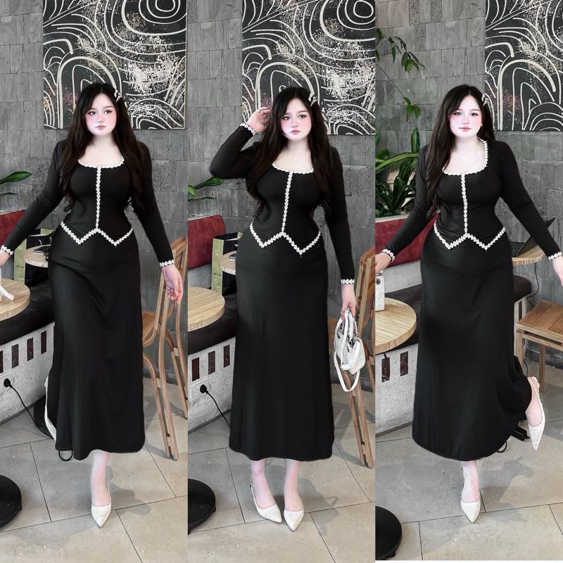 SET ĐẦM ÁO TAY DÀI PHỐI REN TIỂU THƯ VÀ CHÂN VÁY DÀI BIGSIZE Nữ Women