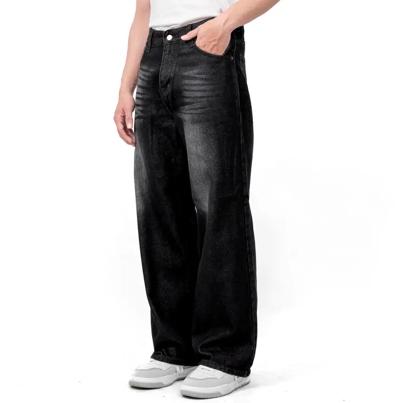 Gizmo - Celana Jeans Wide Leg Wisker Lebar Gombrong Skena Black Wisker pria loose Straight   fit jumbo big keren Bahan Denim Nyaman Oversize Panjang Santai Hitam Dark Casual 2
