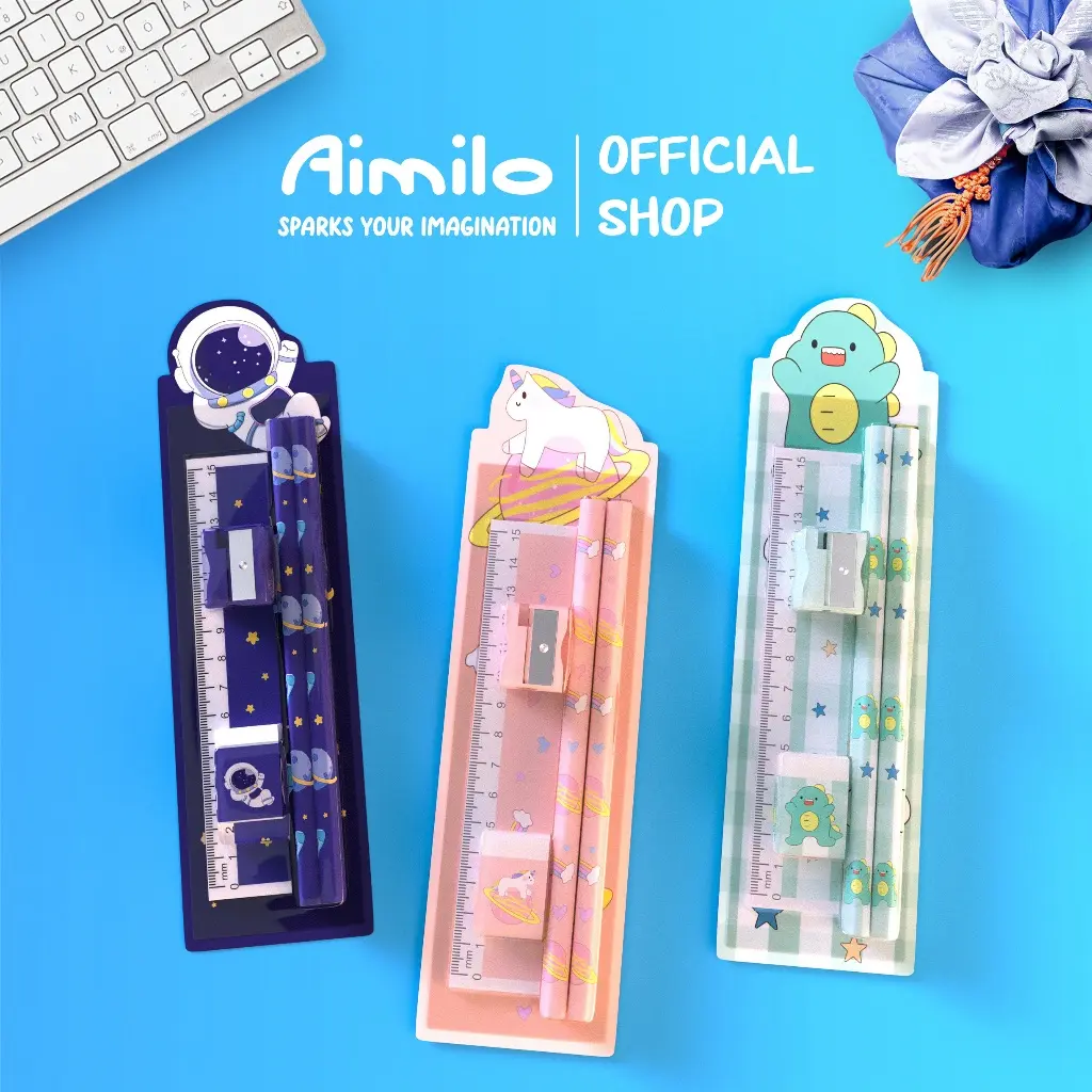 [READY] Aimilo 5in1 Pensil Set Alat Tulis Anak Lucu Dan Penghapus Untuk Tempat Pensil Buku Tulis Sekolah