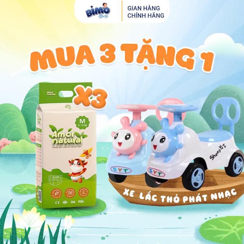 (3A) [TẶNG XE LẮC THỎ PHÁT NHẠC] Combo 3 Bịch Tã/ Bỉm AMOR NATURAL VIỆT NAM Thoáng Khí Mỏng Nhẹ Cho Bé