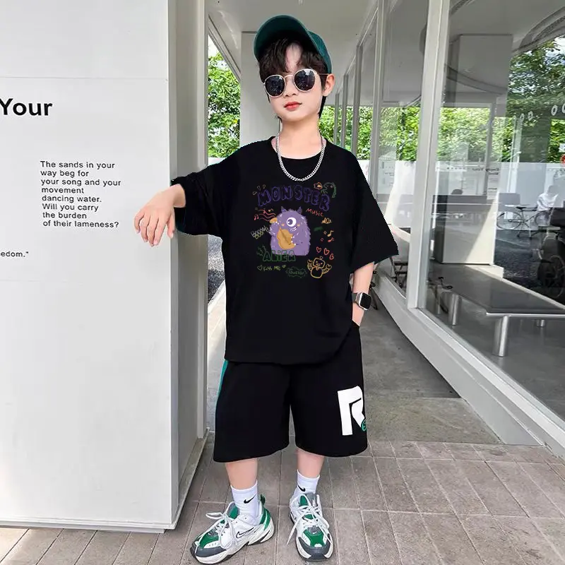 MMX STORE |T5056| Korea Kaus Musim Panas Anak-anak Lucu Kaus Katun Trendi Katun Cetak Kartun Longgar Kasual Leher Bulat Hitam dan Putih Lengan Pendek Anak-anak untuk Anak Laki-laki dan Perempuan Pakaian Fashion