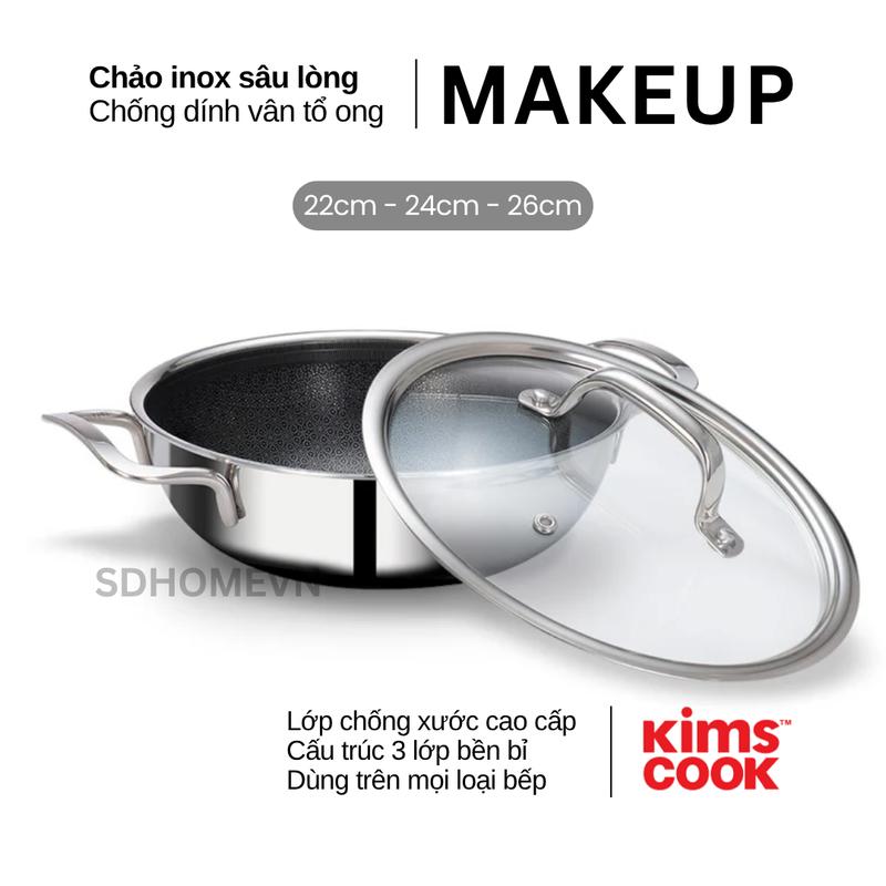   KÈM NẮP  Chảo xào sâu lòng Inox 2 quai 3 lớp chống dính vân tổ ong có nắp Make Up Kims Cook Hàn Quốc size 22cm 24cm 26cm 