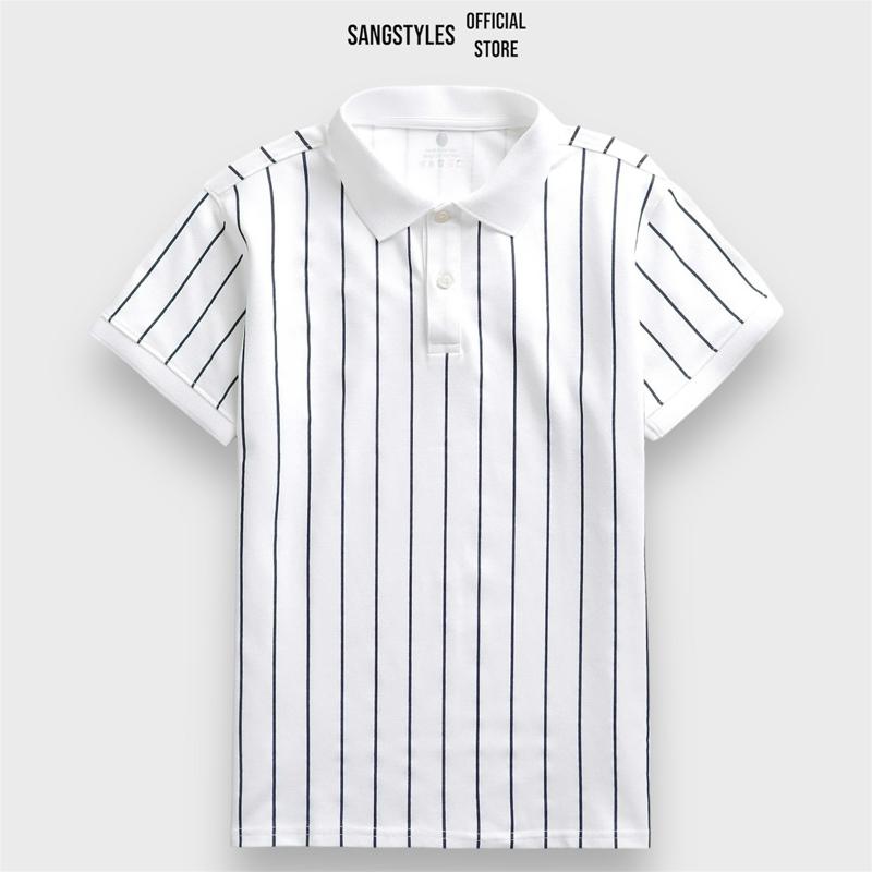 Áo Polo Nam Trắng Kẻ Sọc Đứng Xanh Đậm Co Giãn Nhẹ Nhàng Thoáng Khí SangStyles - Jean Shirt Menswear Cotton Có Cổ Ngắn Tay Thun