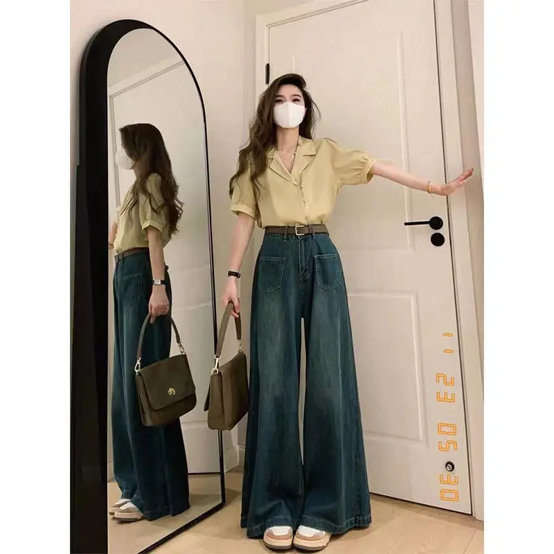 BOSENOM- Celana Kulot HighWaist Jeans Wanita Skena Wide Leg Kantong Depan Jins Gombrong Panjang Cewek