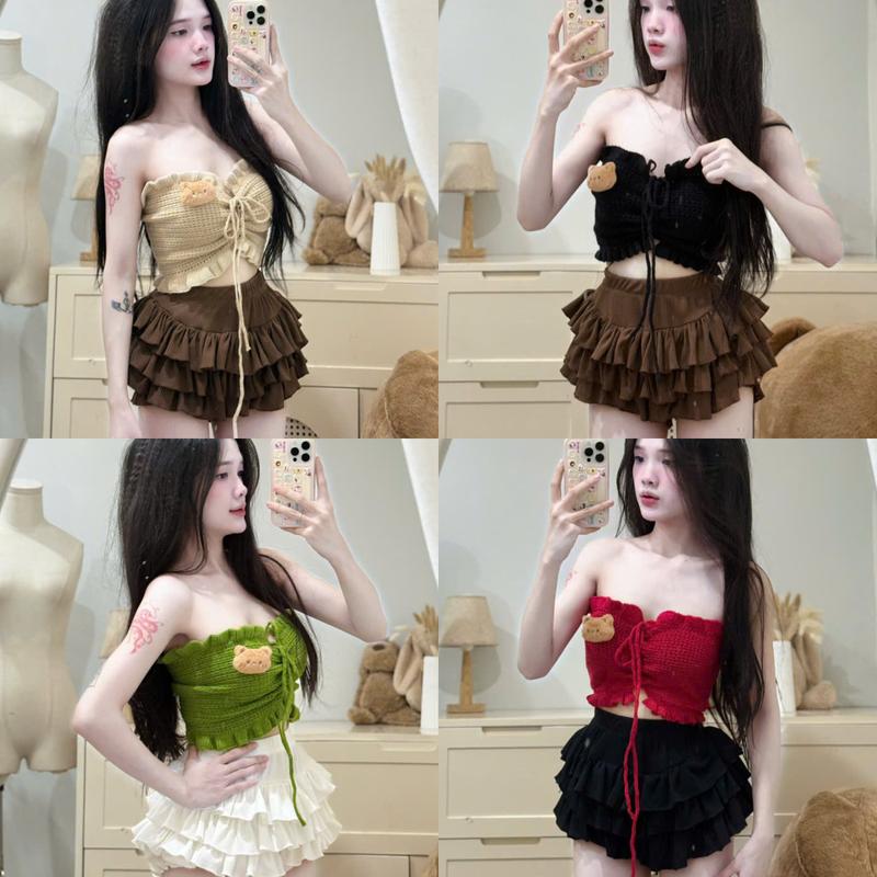 Set áo kiểu nữ ,Áo ống len dệt kim có dây cột phối chân váy tầng xòe có quần  (PLA96)