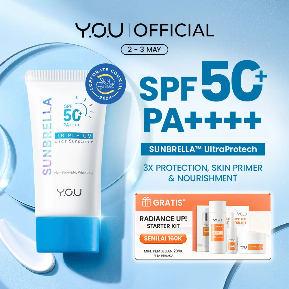 YOU Sunbrella Triple UV Elixir Sunscreen SPF50+ PA++++ Tabir Surya Oil Control untuk Kulit Berminyak UVA UVB Blue Light Oily Skin | YOU Sunbrella 2% Niacinamide Brightening Sunscreen | Sunscreen Mencerahkan Wajah | Sunscreen SPF 50