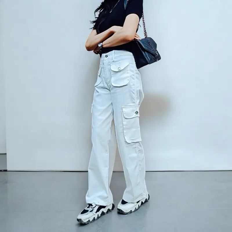 Celana Cargo Denim Pasir putih Highwaist // Celana Loose Jeans Wanita Korea Panjang Retro