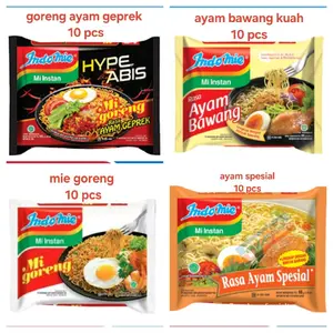 Indomie Mie Instan 10pcs Per Paket - Ayam Bawang, Bawang, Soto, Kari Goreng Pedas Kuah - Pilihan Rasa Beragam - Praktis & Mudah Disajikan - 4 Varian Rasa - 10 Pcs Per Paket - Cup