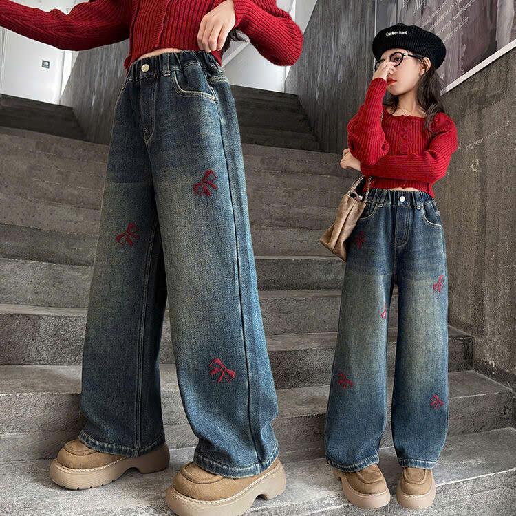 Quần Bò Bé Gái Form Xuông Thêu Nơ Chất Bò Mềm Màu Thời Trang Size 15-46kg Phù Hợp Đi Học Hay Đi Chơi