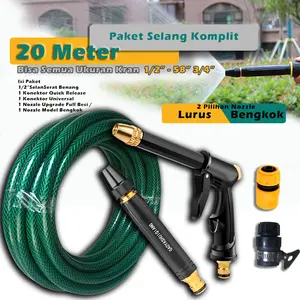 Paket 20 Meter Selang Semprotan Air Semprot Cuci Motor Mobil Siram Taman Benang Hijau Komplit Tinggal Colok Pasang Kran Selang Air Serat Benang Cuci Motor