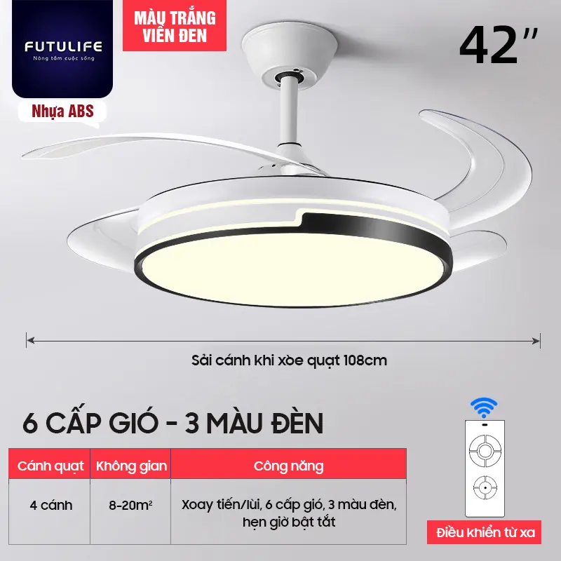 QUẠT TRẦN ĐÈN Thu Cánh/ Đông cơ lõi đồng, 6 Cấp Độ Gió, 3 Chế Độ Đèn, Điều Khiển Từ Xa [BẢO HÀNH 2 NĂM]