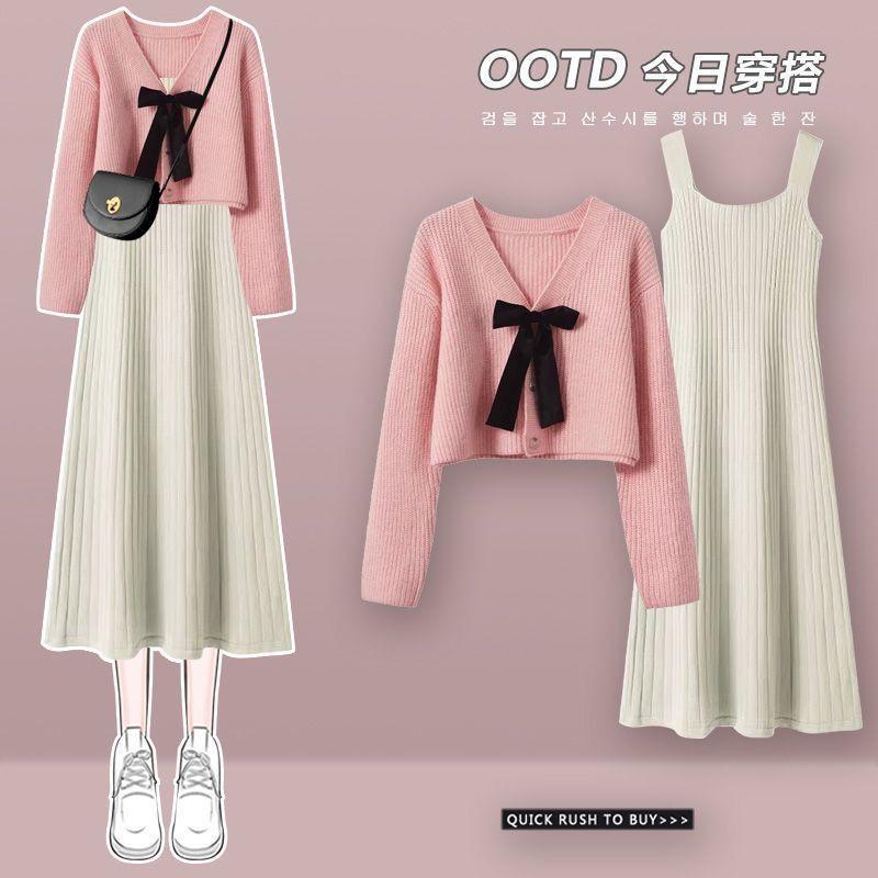 Product Introduction of Women's V-Neck Knitted Cardigan Sweater, Slim Joker Dress with Suspenders, Oversize, Autumn Suit, New, 2 Pcs, 2023 3