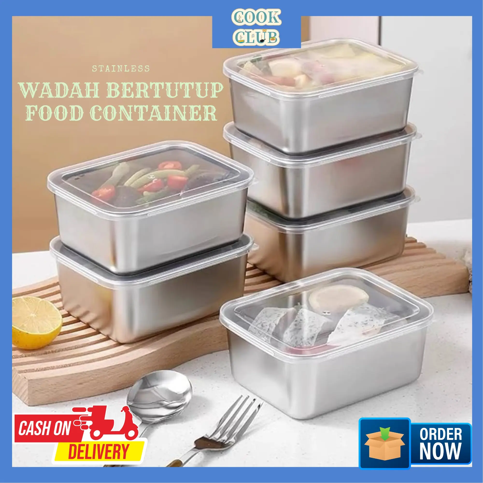 COOKCLUB Wadah Bertutup Mini Fresh Box Segi Stainless Steel - Kotak Penyimpanan Makanan dengan Tutup Plastik Anti Karat & Tahan Asam Alkali