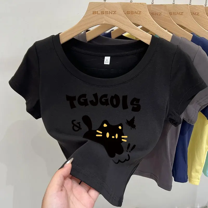 Kaos lengan pendek motif kucing berkualitas tinggi gaya Korea 4