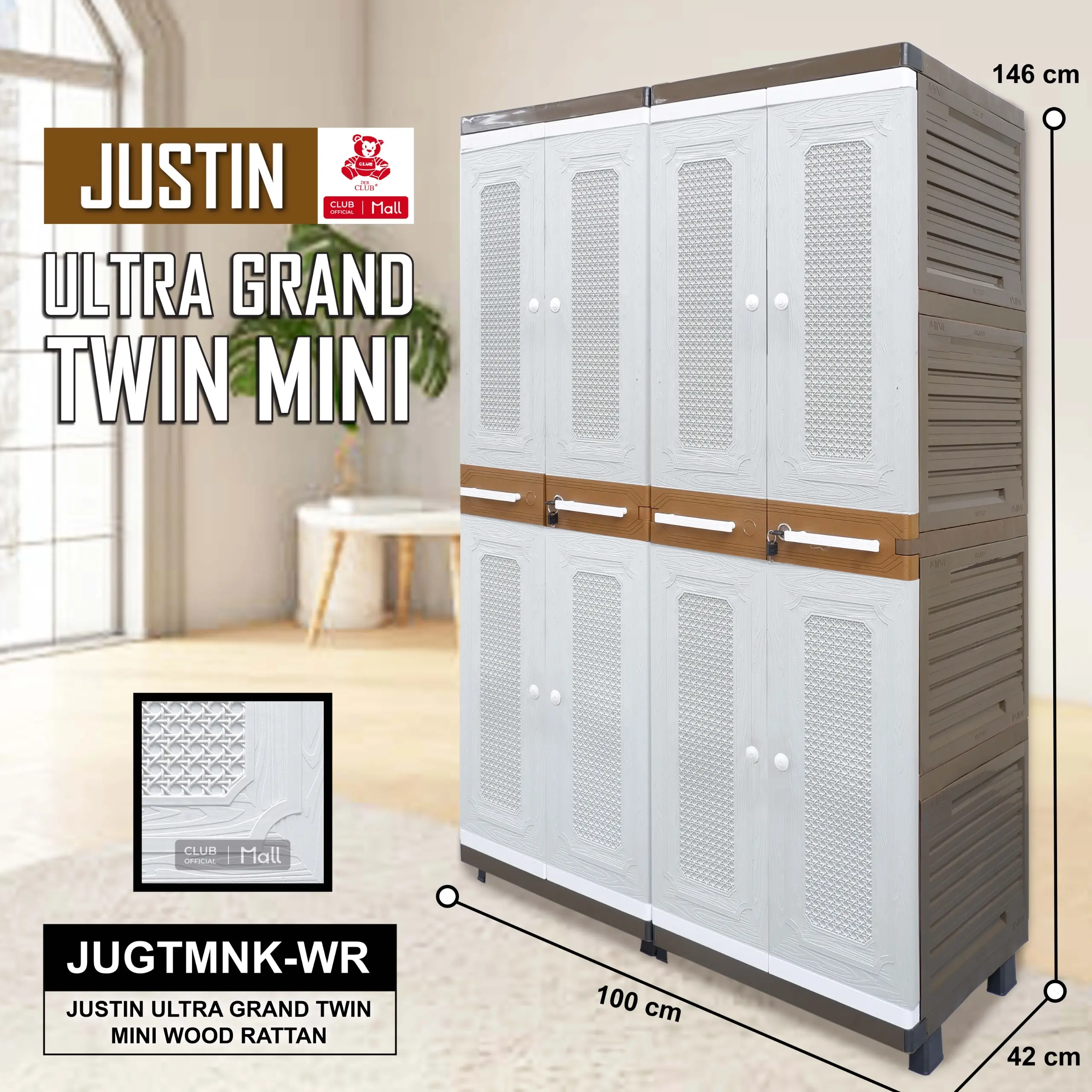 Justin Ultra Grand Mini Twin Kunci Printing - Justin by Club Plastik - Lemari Plastik 4 Empat Pintu - Awet Tahan Lama - Anti Air Minimalis