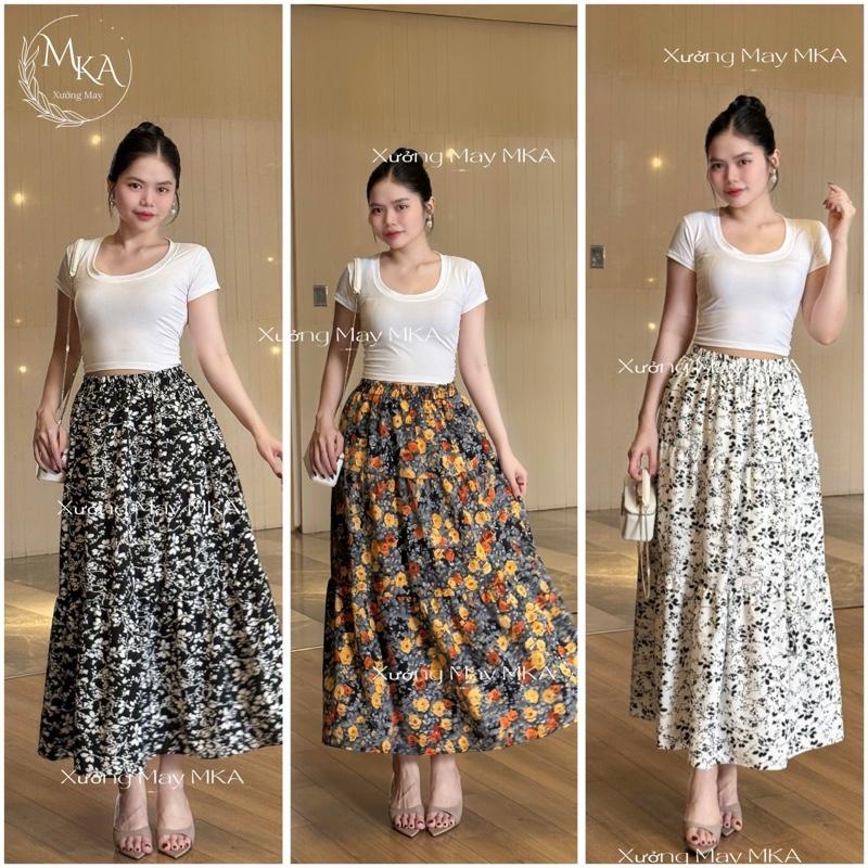  {MKA} Chân Váy 3Tầng Nhún Bồng 2Lớp Dáng Xoè Vãi Lụa Hàn in Hoạ Tiết   44-70kg  