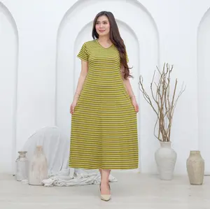 Midi Dress Salur Pocket Long Dress Spandek Rayon Motif Garis Bahan Nyaman Adem Dan Lembut Gaun Panjang  Wanita Casual