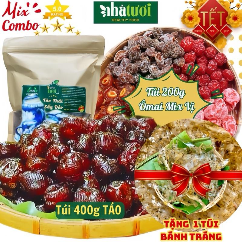   COMBO TÚI GIẤY  Táo Sấy Dẻo Túi 400g Ô Mai Xí Muội Mix Túi 200g TẶNG 1 Bánh Tráng 100g VƯỜN TƯƠI MỨT TẾT NGON 