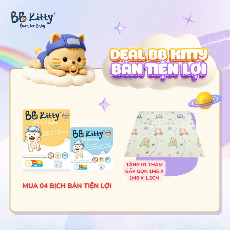 [DEAL MỞ BÁN PHIÊN BẢN TIỆN LỢI] [Tặng 01 THẢM GẤP GỌN TOBE (M15 X 1M8 X 1.2CM)] Combo 04 bịch tã/bỉm dán/quần BB KITTY BẢN TIỆN LỢI mềm mịn thấm hút cho bé ( GIAO HÌNH NGẪU NHIÊN)