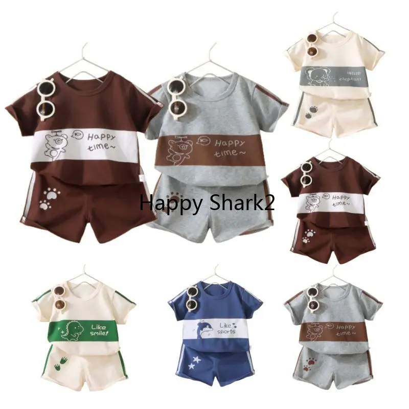 Children's Short-sleeved Suit Terno Cartoon Animal Pattern 2 Pieces Set Casual Pullover Shorts Suit Sando T-shirt Suit Boys Girls Baby Clothing Kid 's Wear Summer Loose Outfits OOTD For 0-6 Years Old