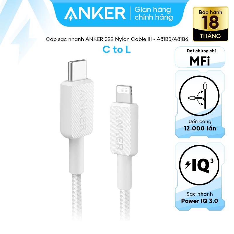 (Cho iP 8 - 14) Cáp sạc nhanh Anker 322 USB-C to Lightning | Dành cho series iP14/113/12/11/X series | Chất liệu dù nylon | Chắc chắn bền bỉ sạc nhanh - A81B5/A81B6