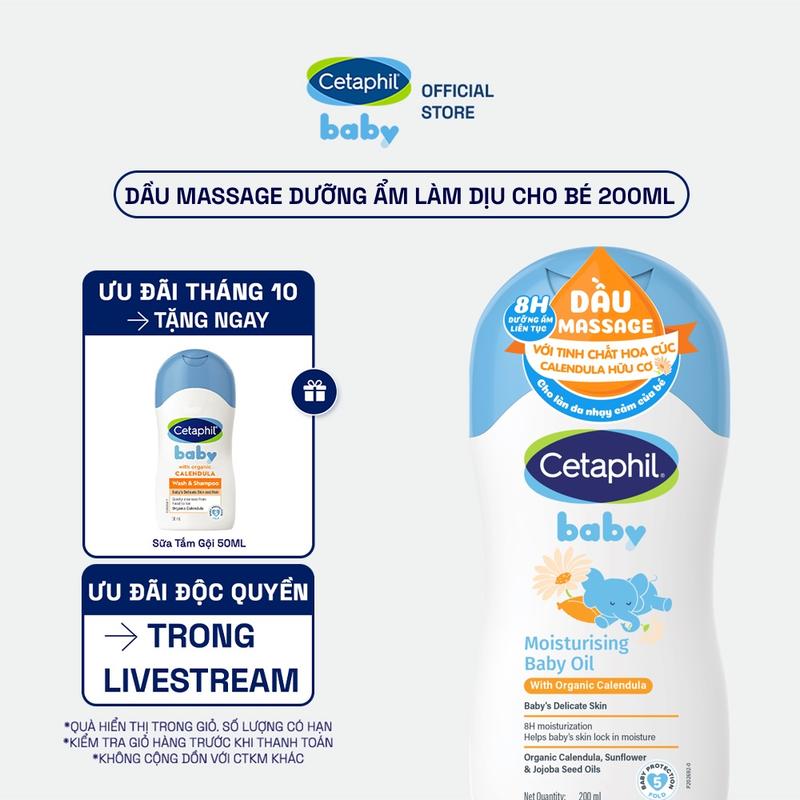 Dầu massage dưỡng ẩm làm dịu da bé với hoa cúc Calendula Hữu Cơ Cetaphil Baby Moisturising Baby Oil With Organic Calendula 200ml