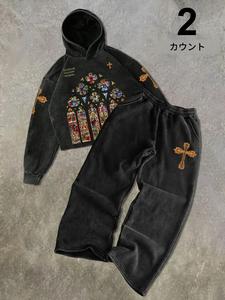 ヒップホップ グラフィック フーディー + 十字架柄 ストレートパンツ セット、ユニセックス ストリートウェア Y2K スタイル、純綿、快適なデイリーウェア