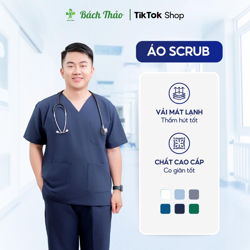 [THÊU THEO YÊU CẦU] Bộ Đồng Phục Scrubs Xanh Navy Cổ V Chất Hàn Thoáng Mát Cho Nam Bác Sĩ Điều Dưỡng Đa Dạng Size, Màu Sắc - Đồng Phục Bách Thảo