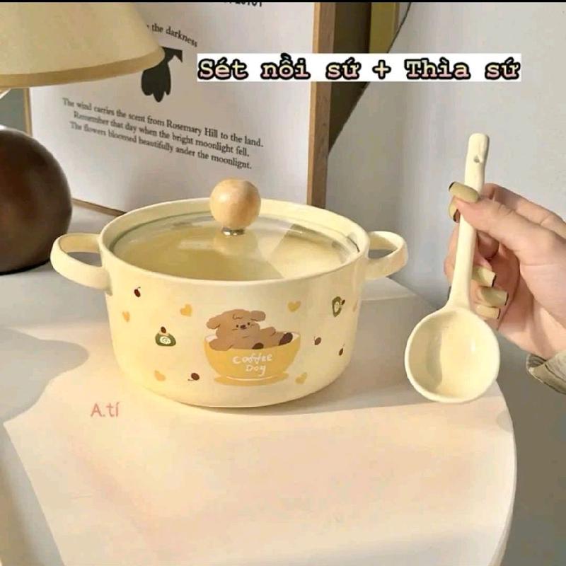 Nồi Sứ Đựng Canh, Mỳ Tôm Cao Cấp Kèm Thìa Hình Cún Bông Siêu Xinh Cute Pha Mì Tôm Salad Canh Súp Decor Đồ Ăn Sang Trọng