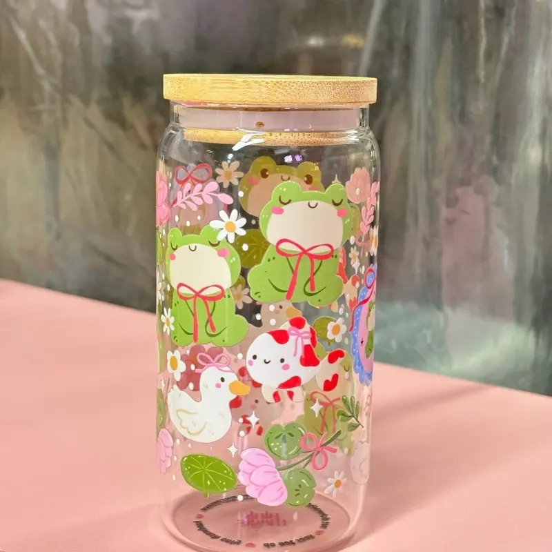 [PinkMagic] [New Designs] Cute Aesthetic Glass Cup with UV DTF Cup Wrap, Bamboo Lid and Glass Straw