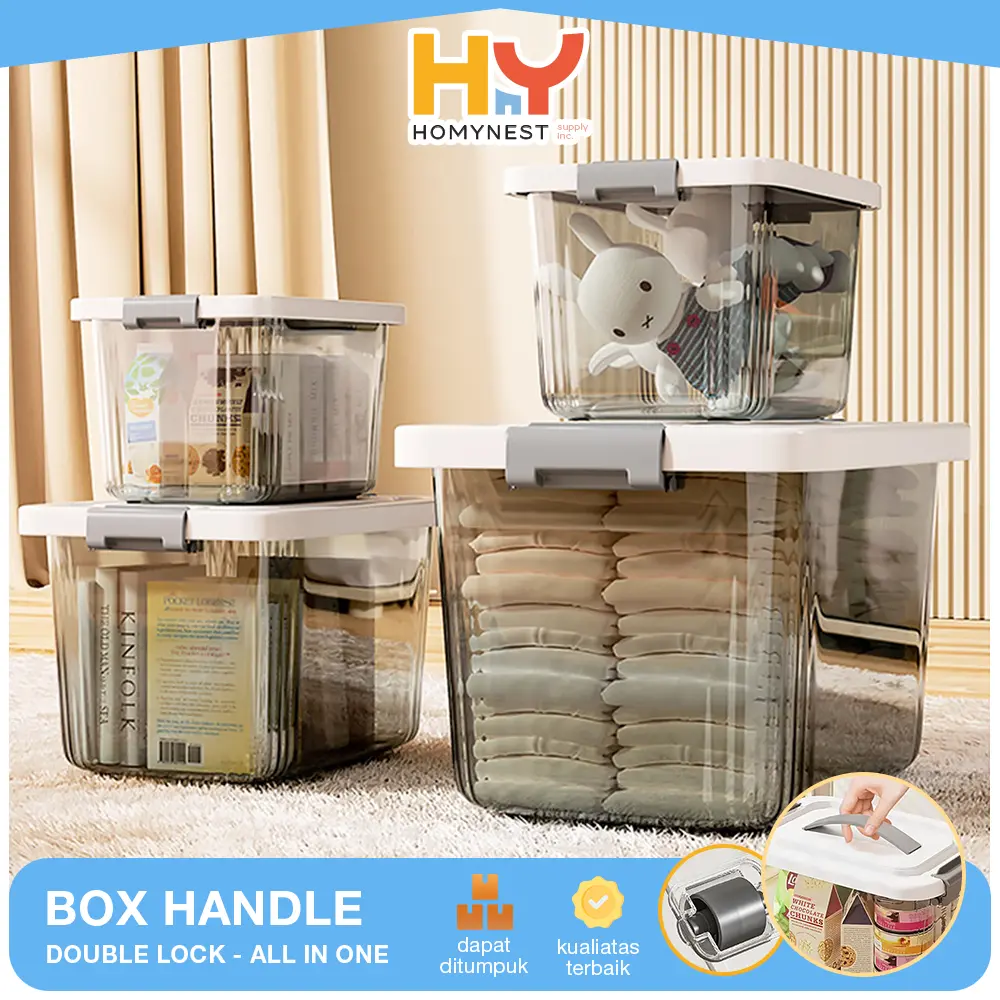 HOMYNSEST Kotak Penyimpanan Serbaguna Container Storage Box Keranjang Besar Handle Double Lock Hitam