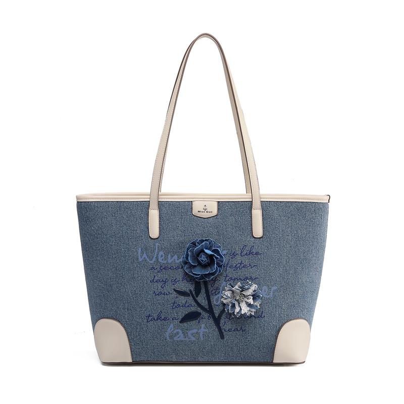  【VN 8063 Túi xách nữ phổ biến chất liệu denim kiểu dáng lớn họa tiết hoa hồng ba chiều mẫu mới năm 2025 túi đeo vai dung tích lớn túi đựng laptop 