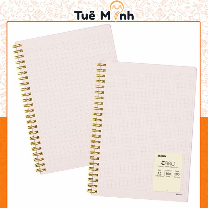  Vở A5 200 trang Caro nét đứt 6x6 mm lò xo kép Klong Ms 593 sổ caro bìa nhựa trong suốt vân chéo 100gsm 