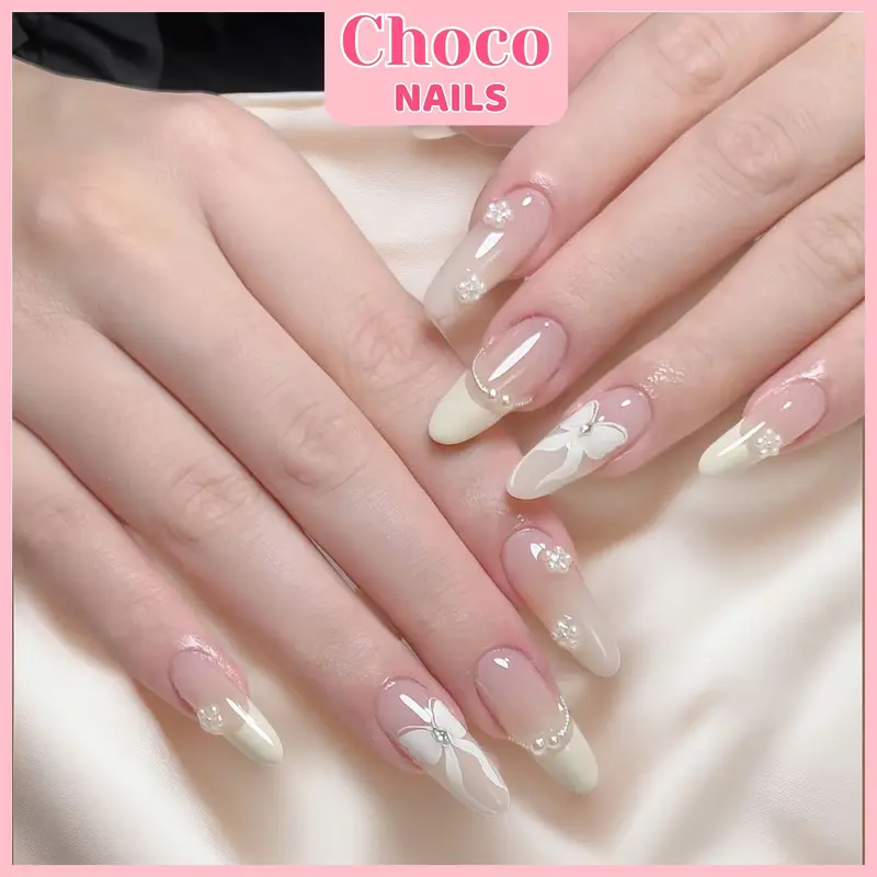 [MJ892] CHOCO NAILS- Bộ Nailbox 30 Mó.ng Form Nhọn Hạt Gạo Họa Tiết Nơ Xinh Nhẹ Nhàng Cực Xinh Đủ Size Cho Nữ Tặng Kèm Phụ Kiện Gắn Món.g 0