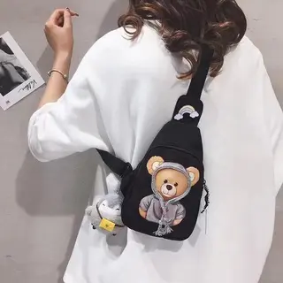 Tas Pinggang Waistbag Selempang SlingbagAnak Wanita Printed Bear Lucu Impor Kanvas 3