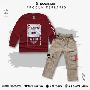 Setelan Anak Laki Laki Kaos Tangan Panjang Celana Cargo Panjang Premium Usia 3-14 Tahun Terbaru