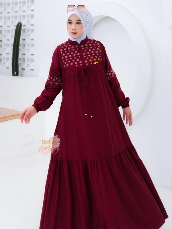 Gamis Bordir Wanita LYLYA Mat Polo Linen Premium Terbaru Busui Friendly Dress Motif Model Kekinian 2