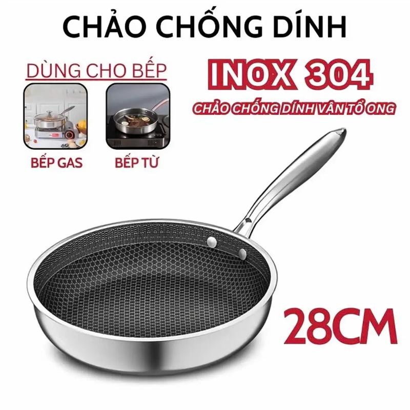 Chảo Chống Dính Vân Đá Tổ Ong Sâu Lòng, Inox 304 size 28cm Chống Xước Chống Rỉ,