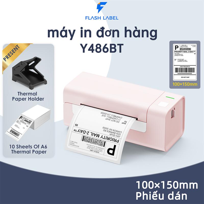 Máy in đơn hàng FLASHLABEL Y486BT - màu Hồng in trên máy tính và điện thoại in đơn hàng, phiếu gửi, minicode, logo tự dán. Tặng kèm 1 giá đỡ giấy may in máy bắn